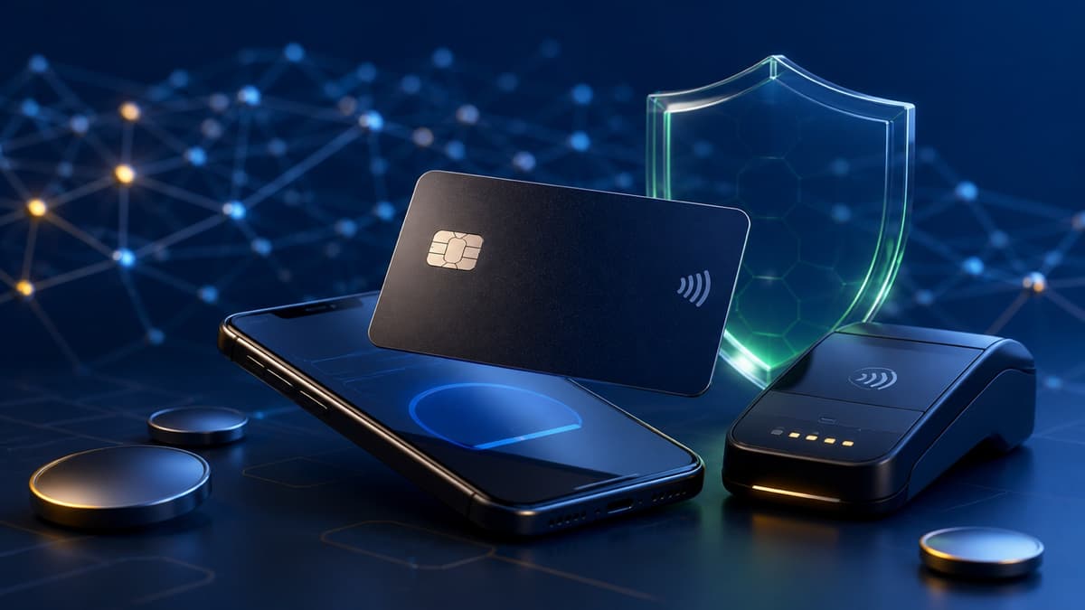 Blaue Krypto-Kreditkarte vor Smartphone, Bezahlterminal und transparentem Sicherheitsschild