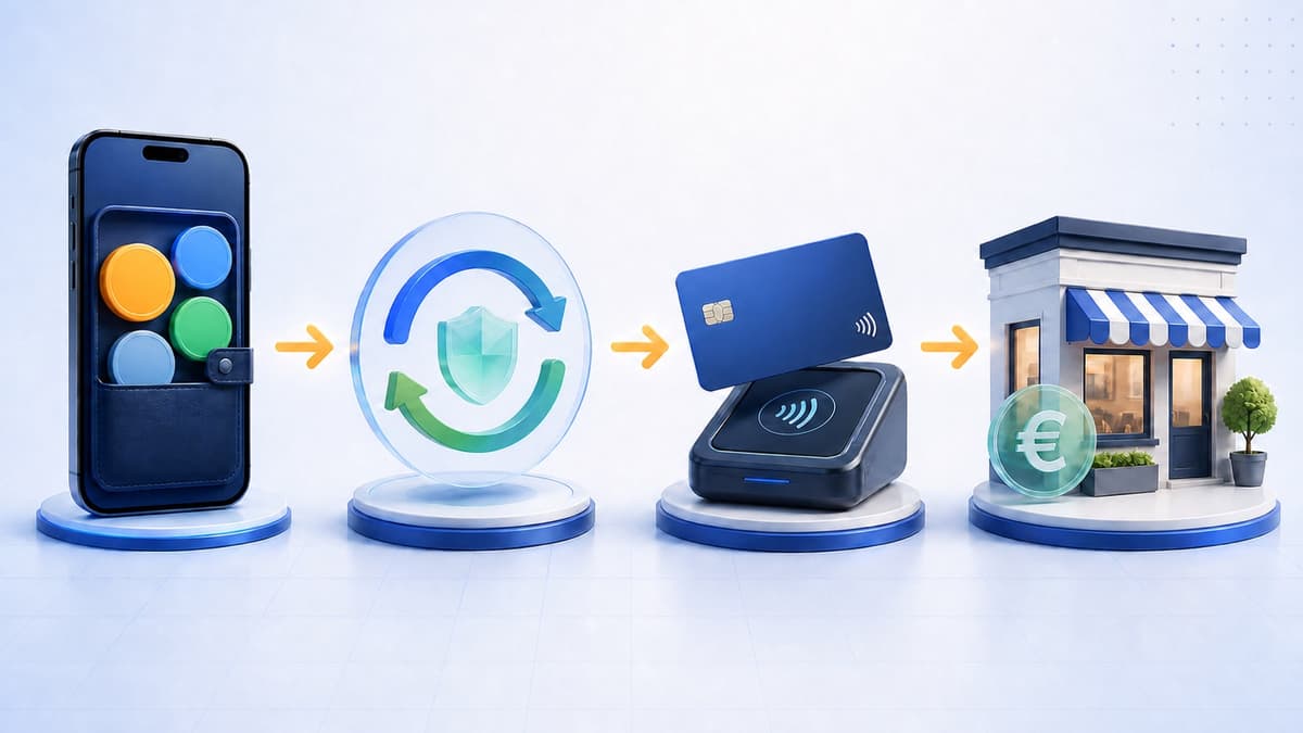 Vierstufiger Ablauf einer Kryptokarten-Zahlung vom Wallet über Umrechnung und Kartenterminal bis zur Euro-Abrechnung beim Händler